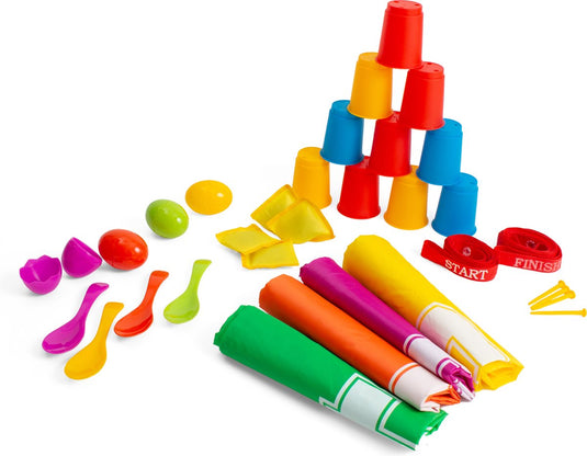 Bs toys feestkit spelset - partijtje met verschillende spellen - zaklopen - blikgooien - 4 spelers - buitenspeelgoed voor kinderen - vanaf 4 jaar - gezelschapspellen kinderen - spelletjes voor kinderen - buiten speelgoed - buitenspel - buiten spellen