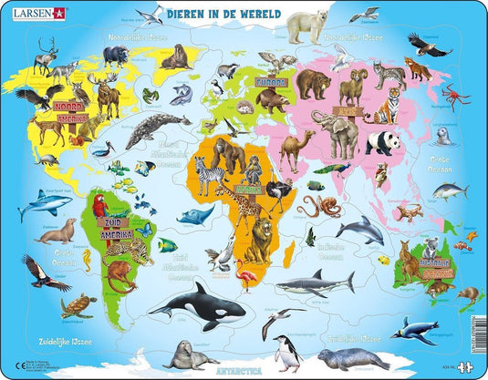 Larsen dieren in de wereld – puzzel – kaarten geografie – wereld met dieren – educatieve legpuzzel voor kinderen – 28 stukjes – gemaakt in noorwegen – extra dikke 2,5 mm stukjes – tray met vaste rand