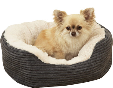 Rosewood jumbo cord plush – ovaal hondenmand- medium 62x60 cm – zacht warm – wasbaar – antislip onderkant – grijs crème