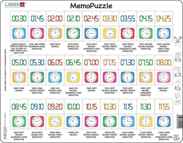 Larsen apprendre l’heure – puzzle mémo – horloge – lecture de l’heure – puzzle éducatif pour enfants – 54 pièces – fabriqué en norvège – pièces extra épaisses de 2,5 mm – plateau avec bord fixe