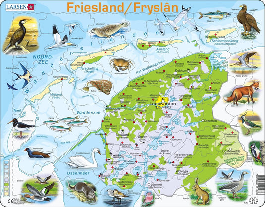 Larsen friesland geografisch met dieren – puzzel – kaarten geografie – nederland – educatieve legpuzzel voor kinderen – 64 stukjes – gemaakt in noorwegen – extra dikke 2,5 mm stukjes – tray met vaste rand