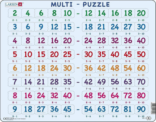 Larsen tafels – puzzel – leren rekenen – tafels – educatieve legpuzzel voor kinderen – 80 stukjes – gemaakt in noorwegen – extra dikke 2,5 mm stukjes – tray met vaste rand