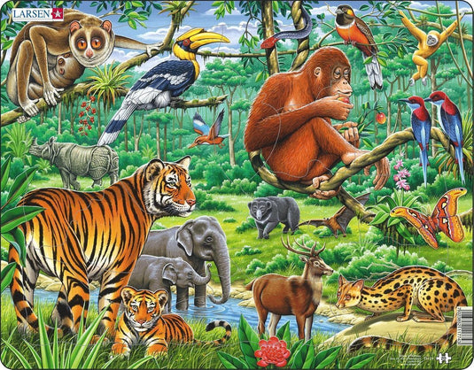 Larsen in de jungle – puzzel – dieren – jungle – educatieve legpuzzel voor kinderen – 20 stukjes – gemaakt in noorwegen – extra dikke 2,5 mm stukjes – tray met vaste rand