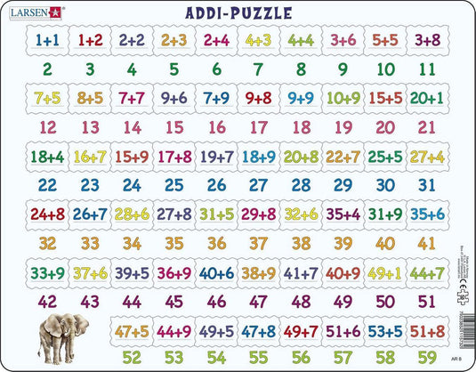 Larsen optellen – puzzel – leren rekenen – optellen – educatieve legpuzzel voor kinderen – 58 stukjes – gemaakt in noorwegen – extra dikke 2,5 mm stukjes – tray met vaste rand