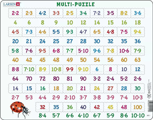Larsen vermenigvuldigen – puzzel – leren rekenen – vermenigvuldigen – educatieve legpuzzel voor kinderen – 58 stukjes – gemaakt in noorwegen – extra dikke 2,5 mm stukjes – tray met vaste rand