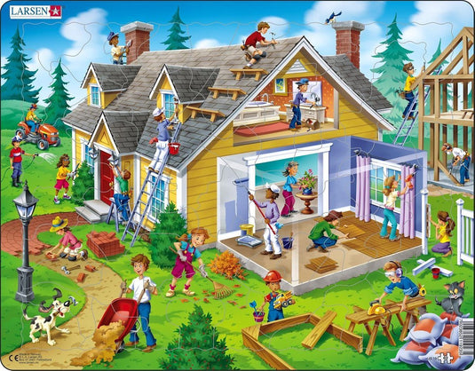 Larsen klussen aan huis en tuin – puzzel – educatief – beroepen en wonen – educatieve legpuzzel voor kinderen – 62 stukjes – gemaakt in noorwegen – extra dikke 2,5 mm stukjes – tray met vaste rand
