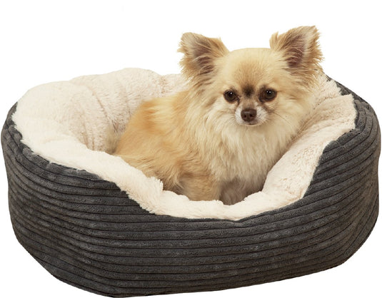 Rosewood jumbo cord plush – ovale hondenmand - small - 51x43 cm – zacht warm hondenbed – wasbaar – antislip onderkant – grijs crème