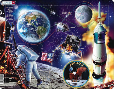 Larsen reis naar de maan met apollo 11 – puzzel – ruimte wetenschap – ruimtevaart – educatieve legpuzzel voor kinderen – 50 stukjes – gemaakt in noorwegen – extra dikke 2,5 mm stukjes – tray met vaste rand
