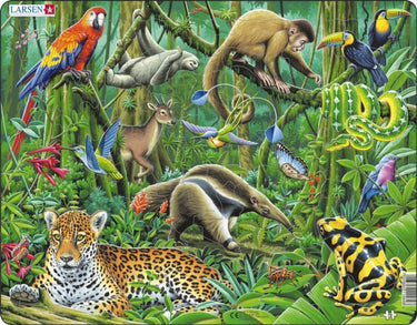 Larsen zuid-amerikaans regenwoud – puzzel – dieren – regenwoud – educatieve legpuzzel voor kinderen – 70 stukjes – gemaakt in noorwegen – extra dikke 2,5 mm stukjes – tray met vaste rand
