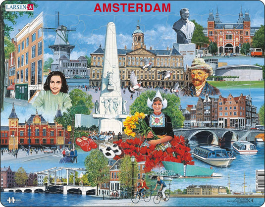 Larsen amsterdam toeristische hoogtepunten – puzzel – kaarten geografie – nederland – educatieve legpuzzel voor kinderen – 66 stukjes – gemaakt in noorwegen – extra dikke 2,5 mm stukjes – tray met vaste rand