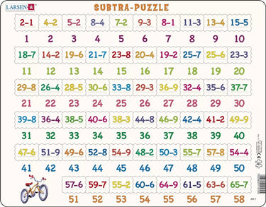 Larsen aftrekken met afbeeldingen – puzzel – leren rekenen – aftrekken – educatieve legpuzzel voor kinderen – 58 stukjes – gemaakt in noorwegen – extra dikke 2,5 mm stukjes – tray met vaste rand