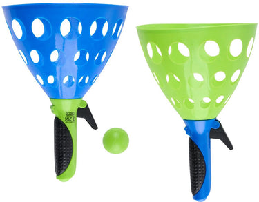 Eddy toys shoot catch ball set 2x - schiet- en vangspel met 2 lanceerders en 2 ballen - actief buitenspeelgoed voor kinderen - blauw en groen