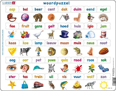 Larsen woordpuzzel – puzzel – leren lezen – woorden – educatieve legpuzzel voor kinderen – 40 stukjes – gemaakt in noorwegen – extra dikke 2,5 mm stukjes – tray met vaste rand