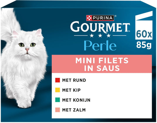 Gourmet perle mini filets in saus - kattenvoer natvoer - kip konijn rund zalm - 60 x 85 g