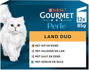 Gourmet perle duo – kattenvoer natvoer – kip rund kalkoen lam kalf eend konijn wild – 48 x 85 g