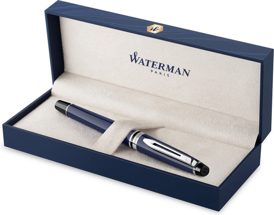 Waterman expert vulpen, blauwe lak met palladium details, roestvrijstalen medium penpunt, blauwe inkt, geschenkset