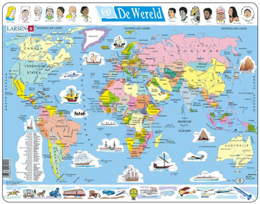 Larsen wereld – puzzel – kaarten geografie – wereldkaart – educatieve legpuzzel voor kinderen – 107 stukjes – gemaakt in noorwegen – extra dikke 2,5 mm stukjes – tray met vaste rand