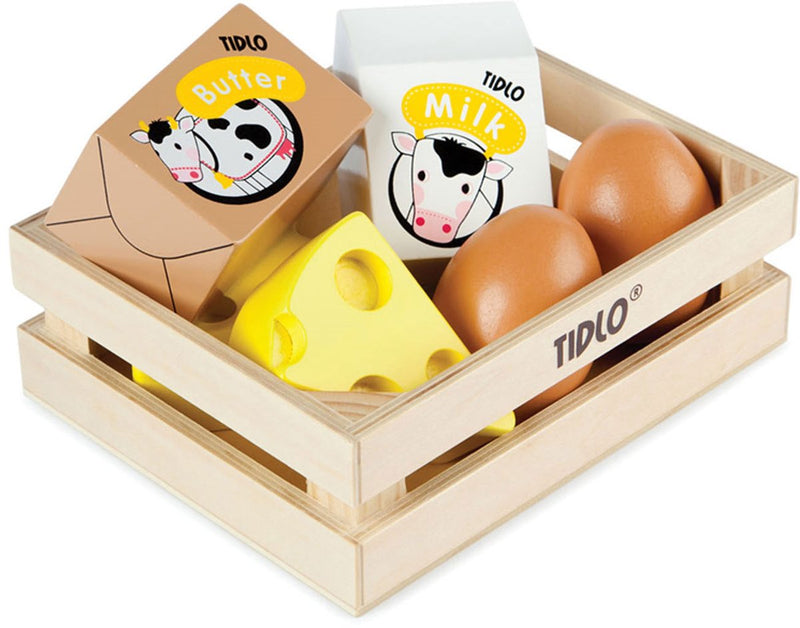 Load image into Gallery viewer, Tidlo houten kratje met zuivel kaas boter eieren en melk
