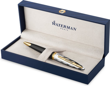 Waterman carene balpen | metaal en zwarte lak met gouden detail en gebeitelde dop | medium punt | met geschenkdoos