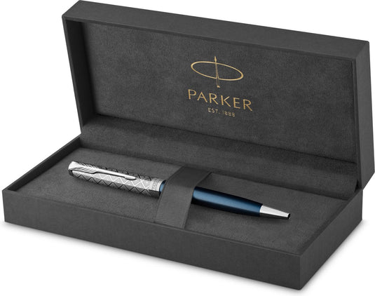 Parker sonnet vulpen | | roestvrij staal en blauwe lak| fijne penpunt met zwarte inkt navulling | geschenkdoos