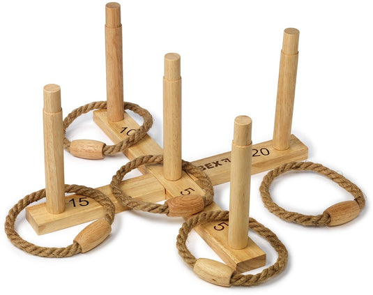 Bex ring toss original – ring werpspel – houten buitenspel van rubberhout – klassiek gooispel met ringen – complete set met 5 werpringen – vanaf 8 jaar