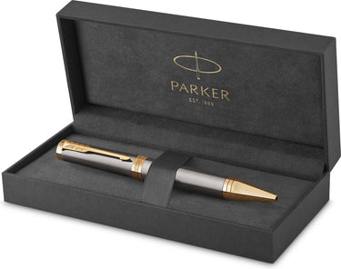 Parker ingenuity-balpen | grijze lak met gouden details | medium punt | blauwe inkt | geschenkverpakking