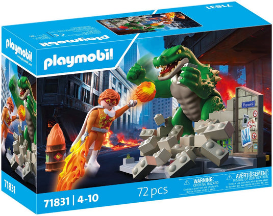 Playmobil | helden | helden- showdown met de reuzenhagedis | speelgoed vanaf 4 jaar | cadeau voor kinderen | spannende actieset | met beweegbare reuzenhagedis en breekbare muur | 71831