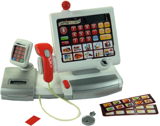 Klein toys elektronische kassa - touchpad, scanner, weegschaal en rekenmachinefunctie - 31x15,5x23 cm - incl. speelgeld, uitschuifbare geldla, licht- en geluidseffecten - grijs