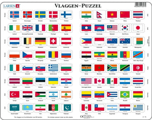Larsen vlaggen van de wereld – puzzel – kaarten geografie – vlaggen – educatieve legpuzzel voor kinderen – 80 stukjes – gemaakt in noorwegen – extra dikke 2,5 mm stukjes – tray met vaste rand