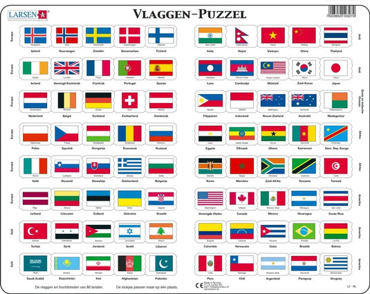 Larsen vlaggen van de wereld – puzzel – kaarten geografie – vlaggen – educatieve legpuzzel voor kinderen – 80 stukjes – gemaakt in noorwegen – extra dikke 2,5 mm stukjes – tray met vaste rand