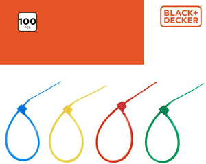 Black+decker kabelbinders 100st - kunststof - blauw, rood, geel en groen