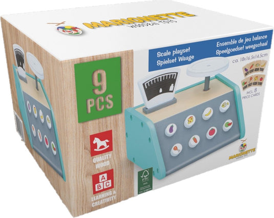 Marionette wooden toys speelgoed weegschaal - met 9 kaartjes - leerspeelgoed - fsc keurmerk - hout