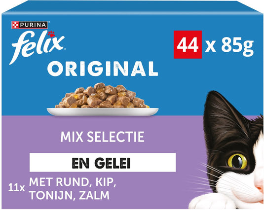 Felix original in gelei mix selectie - kattenvoer natvoer - rund kip tonijn zalm - 44 x 85 g
