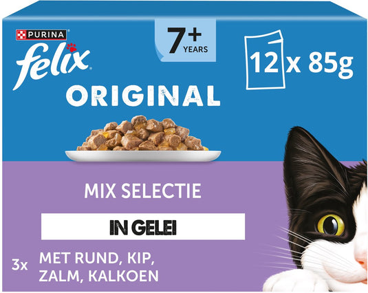 Felix original in gelei 7+ senior mix selectie - kattenvoer natvoer - rund kip kalkoen zalm - 48 x 85 g