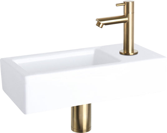 Differnz helios fonteinset – wasbak keramiek 37,5x18.5x9,5cm – fonteinset toilet met fonteinkraan rechts mat goud – wastafel met rechte kraan en standaard greep – voor badkamer of wc