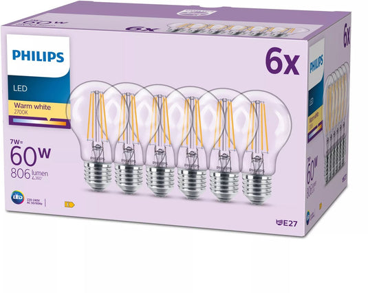 Philips led lamp mat - 60 w - e27 - warmwit licht - 6 stuks