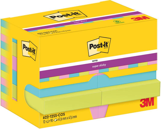 Post-it super sticky notes cosmic | 90 vel | ft 47 | 6 x 47 | 6 mm | pak van 12 blokken