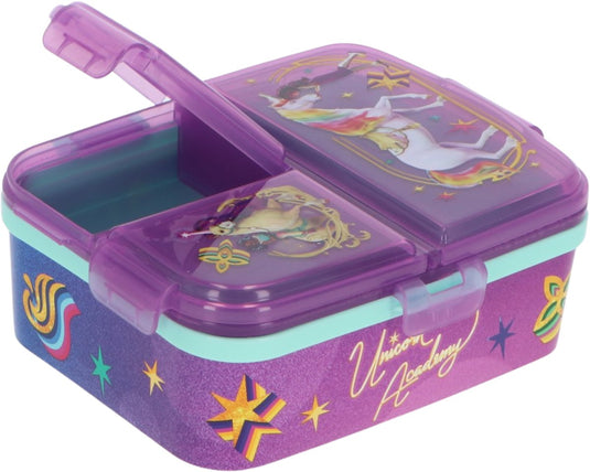 Stor unicorn academy kinderlunchbox – broodtrommel met 4 vakken voor kinderen vanaf 4 jaar - vaatwasserbestendig bpa-vrij - paars
