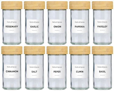 Alpina kruidenpotjes set van 12 - inclusief kruiden stickers en strooideksels - glazen potjes met deksel - keuken organizers - bamboe