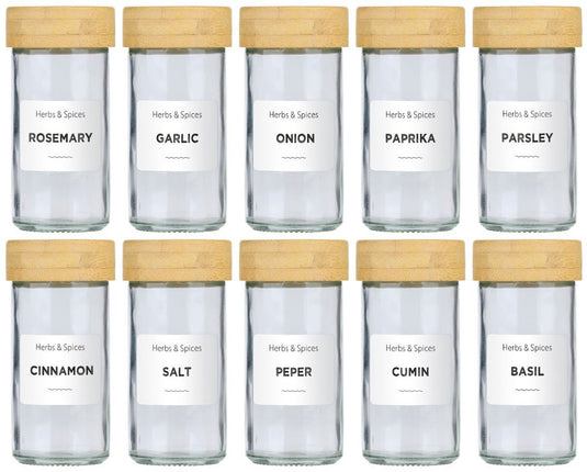 Alpina kruidenpotjes set van 12 - inclusief kruiden stickers en strooideksels - glazen potjes met deksel - keuken organizers - bamboe