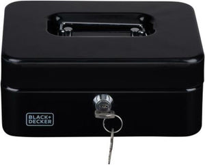 Black+decker geldkistje met sleutel - uitneembare lade met 5 vakken - incl. 2 sleutels - 20 x 16 x 9 cm - metaal - zwart