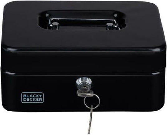 Black+decker geldkistje met sleutel - uitneembare lade met 5 vakken - incl. 2 sleutels - 20 x 16 x 9 cm - metaal - zwart