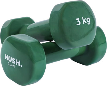 Hush sport - dumbbells set 2 x 3 kg olijfgroen - vinyl coating met antislip grip - gietijzer - handig 6-hoekig design - geschikt voor krachttraining fitness