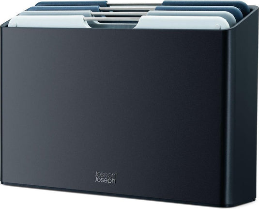 Joseph joseph folio™ snijplankenset 4-delig – medium – lichtblauw – kleurgecodeerd – met opbergstand – rvs handgrepen