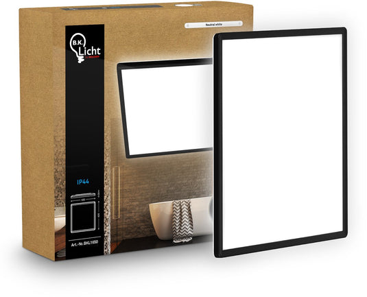 B.k.licht shallow - led badkamerlamp plafonniere - paneel plafondlamp - badkamerverlichting met neutraal wit licht - ip44 - 42 x 42 cm - zwart