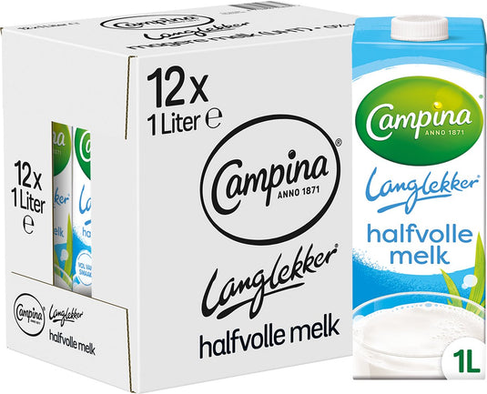 Campina langlekker – halfvolle melk – houdbaar – 12 x 1 l – voordeelverpakking