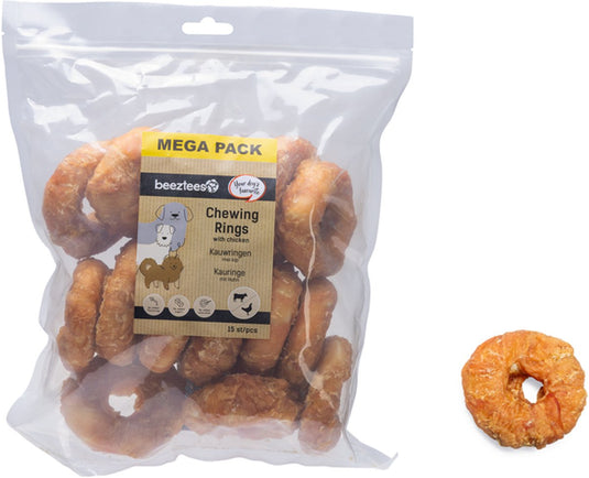 Beeztees kauwring met kip - kauwsnacks hond - hondensnacks - voordeelverpakking 15st - 7,5 cm