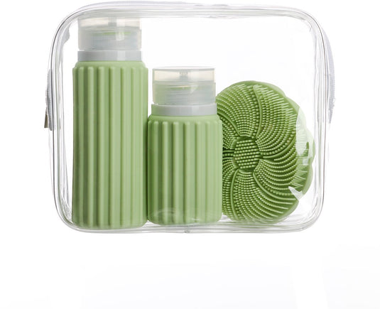 Muitomas reistas + gezichtsborstel + 2 flesjes – compact - waterdichte transparante tas - siliconen reisflessen - groen