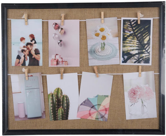 Arti casa lijst met 8 clips - foto en kaart houder - wanddecoratie met touw en knijpers - 50 x 40 cm - zwart