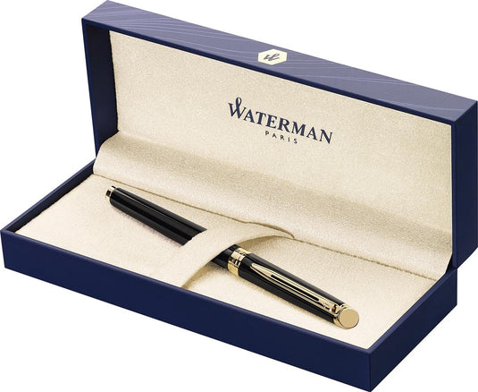 Waterman hémisphère-vulpen | glimmend zwart met 23k gouden rand | fijne penpunt | blauwe inkt | cadeauverpakking
